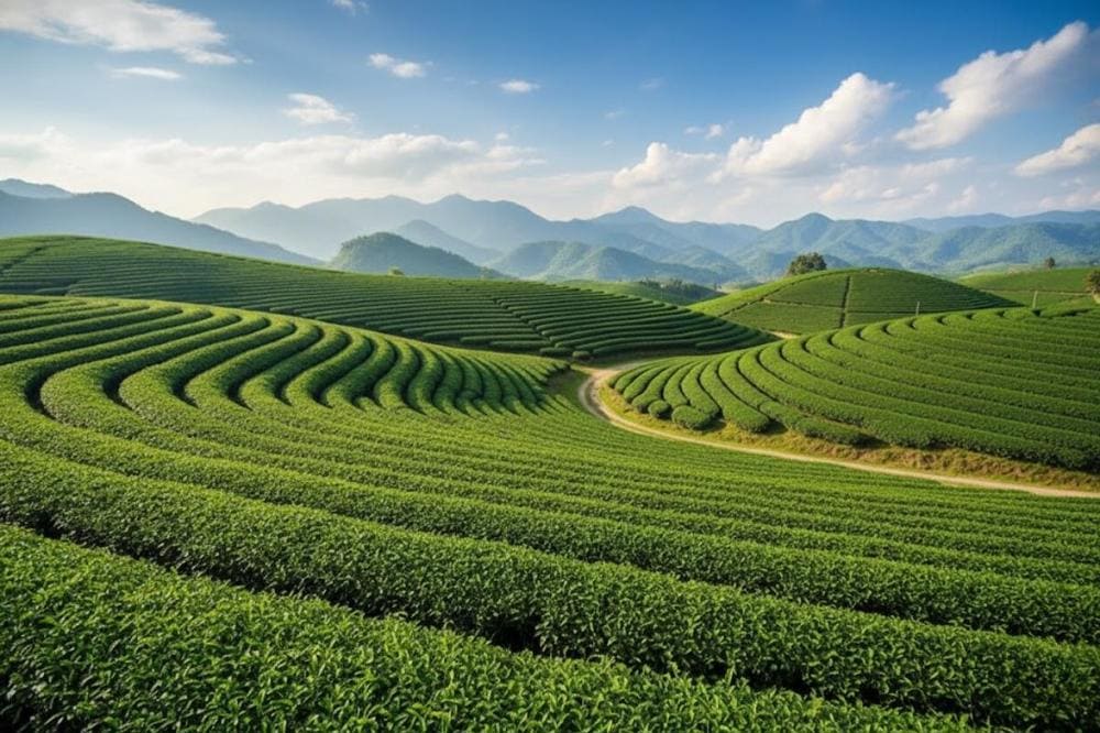 Khi sương c&ograve;n giăng nhẹ v&agrave;o s&aacute;ng sớm, khung cảnh đồi ch&egrave; thơ mộng đến ngỡ ng&agrave;ng